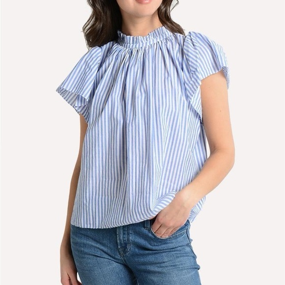 Trovata Birds of Paradise Carla High Neck Blouse Blue White Striped Top XS - Picture 1 of 15